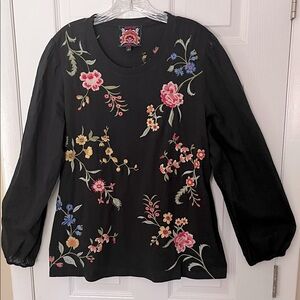 Johnny Was Sophie mixed media black long sleeve Tee floral boho embroidered LG